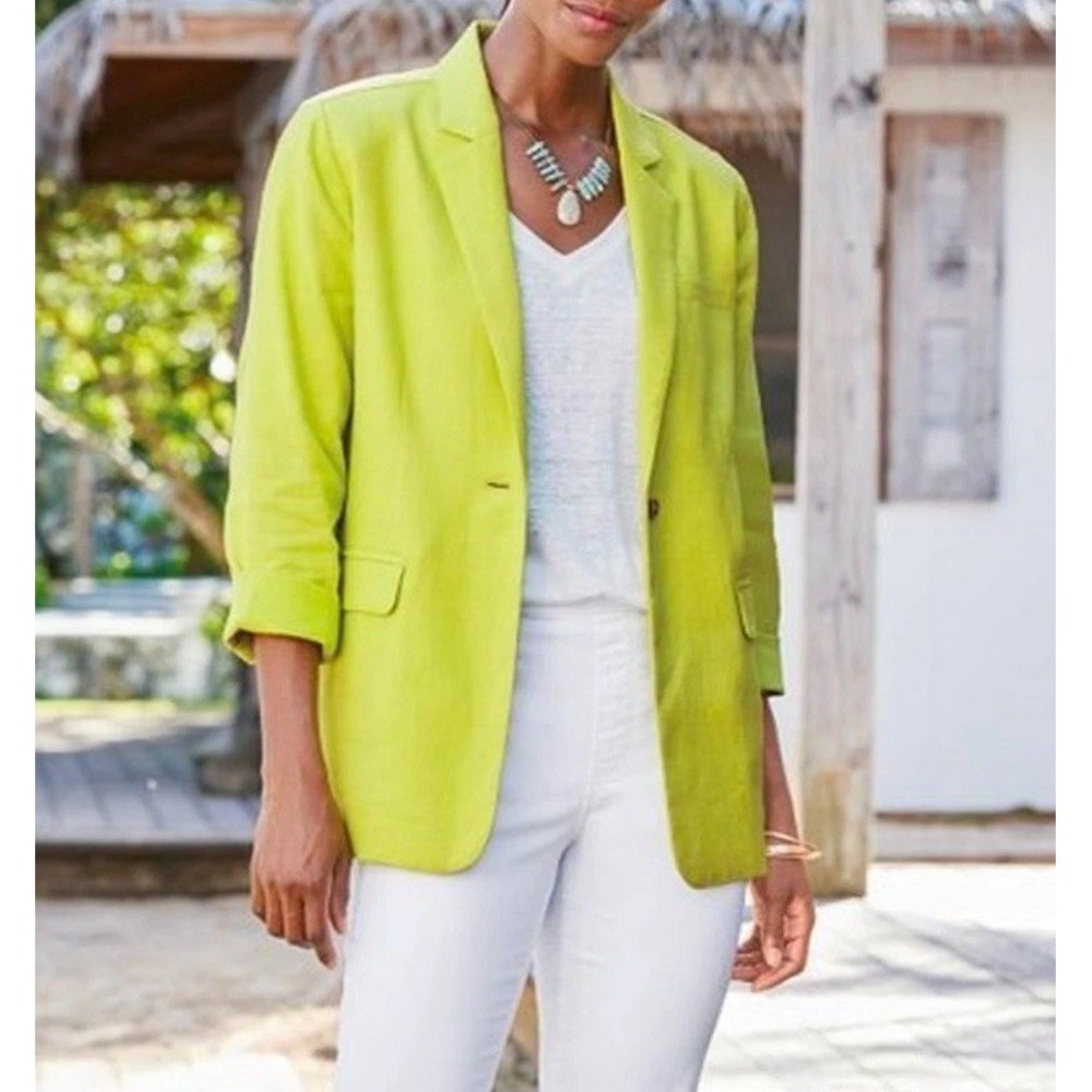 Soft Surroundings‎ Womens Blazer Size ~1X Chartreuse Bright Green Linen Blend